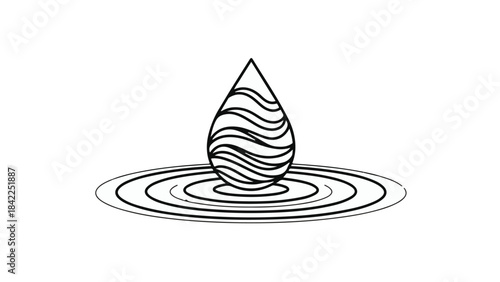 Stylized water droplet creating ripples in water, symbolizing change, growth, and fluid dynamics in a minimalist line art style