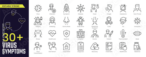 Virus Symptoms Stroke icon collections. Containing infection, virus, fever, cough, headache, sore throat, fatigue, and sneezing icons. Editable Stroke icon collection Outline icon