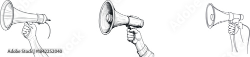 The modern illustration shows a hand holding a megaphone, represented by a continuous line drawing of a horn speaker, used as a sign or symbol for announcements or demonstrations