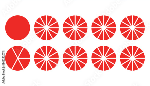 Ten red circles and segments arranged in two rows on white background slice graphic