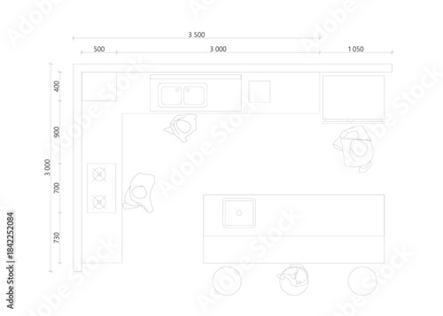 Detailed top-view kitchen layout with island, seating area, sink, cooktop, and clear functional zoning with precise dimensions. Suitable for interior design presentations, furniture planning.