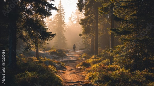 outdoor forest path at sunrise, person breathing deeply, soft golden light, nature biohacking vibe, minimal and peaceful