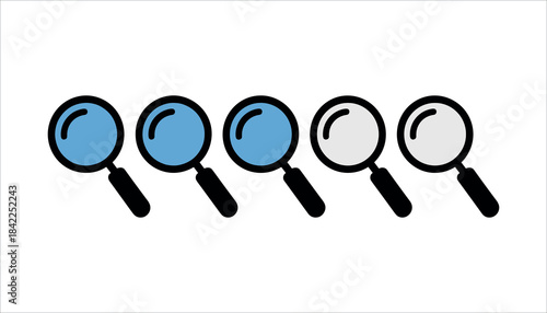 Five magnifying glasses in a row with three blue and two gray lenses on a white background search research