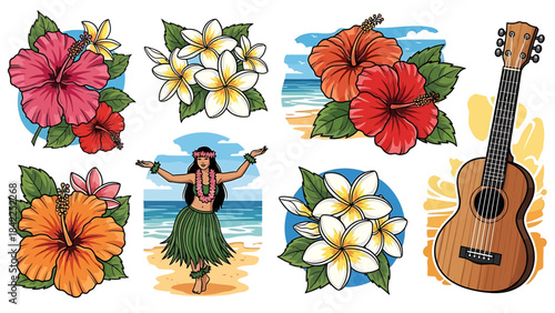 Hawaiian tropical flowers, hula dancer and ukulele, traditional island paradise elements