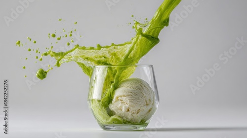 Dynamic green splash over vanilla ice cream in glass