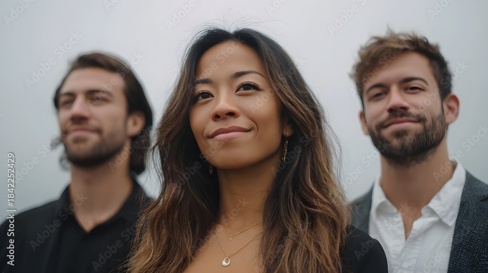 Fototapeta premium Three diverse individuals a woman and two men look confidently towards the future under an overcast sky