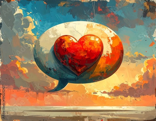 Artistic depiction of a red heart within a speech bubble, set against a vibrant sunset sky