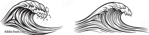 Ocean wave sketch, hand drawn line art with dynamic curling water and foam. Vector illustration,