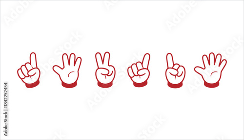 Six cartoon hands showing numbers one through five and a high five gesture in red outline on white background