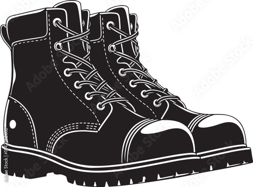 Silhouette of military boots combat boots work boots lace up boots hiking boots footwear apparel, Black Leather Work Boots Vector Heavy Duty Lace-Up Footwear Illustration