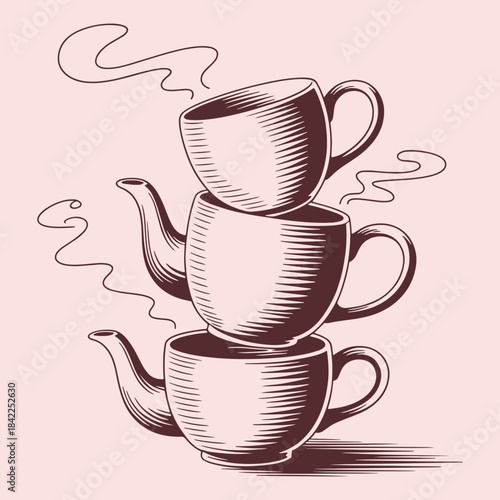 A teapot pouring hot liquid into a cup with steam rising