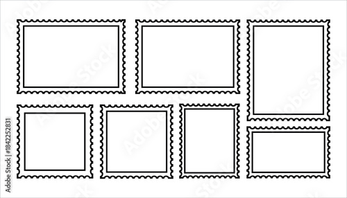 Collection of seven empty black outline postage stamp frames with perforated edges on a white background