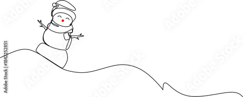 Continuous one-line drawing of a cheerful snowman wearing a hat and scarf, standing on a snowy hill.