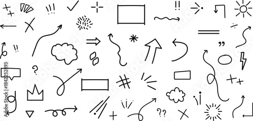 Arrow, cloud, and star in the style of a  hand drawn sketch doodle, highlighted with a marker stroke and pencil. Cute crown, heart, and star line brush art design