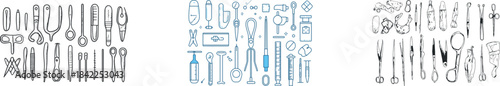Medical surgery tools, including scalpel cut, medical tweezer, and surgical scissors, are illustrated in a continuous one line drawing for professional doctor practice, isolated on white