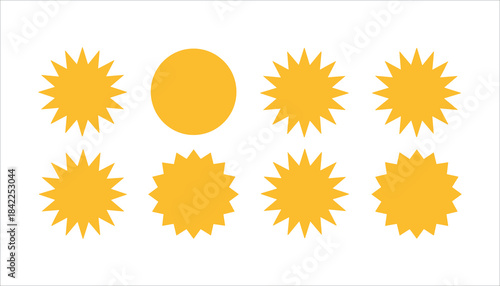 Seven yellow starburst shapes and one yellow circle on a white background vector