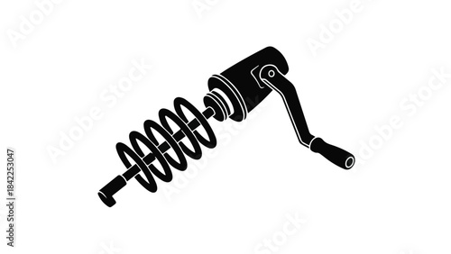 Mechanical spring loaded lever mechanism industrial component with coil spring and handle in black and white