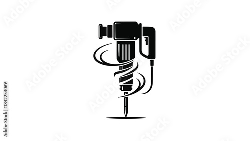 Drill power tool drilling screw into surface with spiral motion in black and white illustration for construction DIY concept