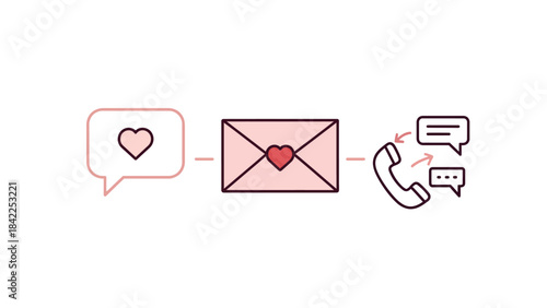Love Communication Journey Message, Email, and Phone Call Sequence Icons for Digital Connection