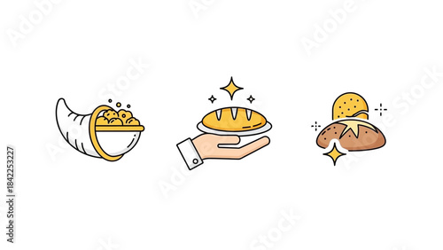 Nourishment and Abundance A Set of Minimalist Food Icons Featuring Bread and Cornucopia Symbols