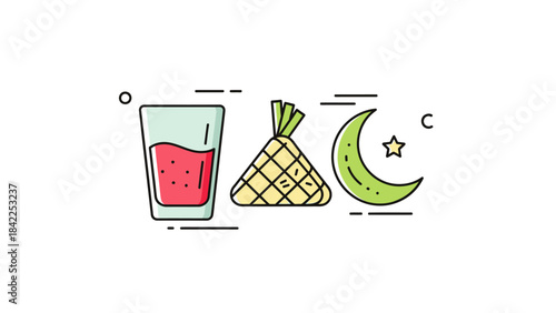 Eid Celebration Icons Sweet Drink, Ketupat, and Crescent Moon