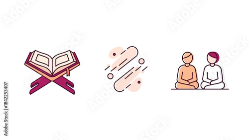 Vector Icon Set Featuring Spiritual Contemplation, Holy Book, and Abstract Connection Symbols