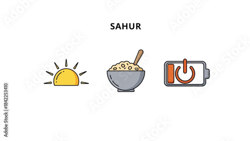 Sahur Meal Icons - Sunrise, Food Bowl, and Battery Power Indicator