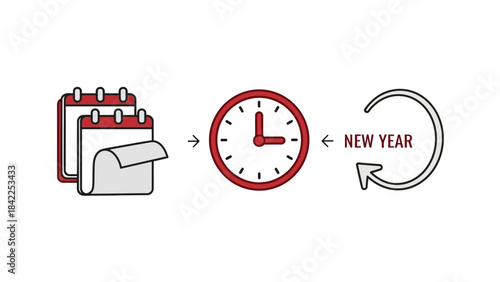 Graphic Illustration of the Annual Time Cycle and New Year Transition with Calendars and Clock