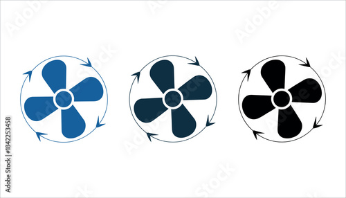 Three stylized fan icons in blue dark blue and black with circular arrows indicating rotation symbol