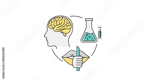 Scientific Illustration of Human Brain, Face and Laboratory Equipment