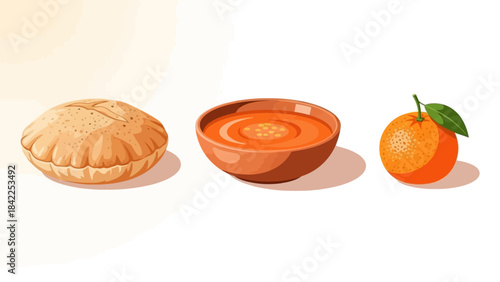 Illustrated collection featuring a wholesome flatbread, a vibrant bowl of nourishing soup, and a fresh orange, perfect for healthy eating concepts