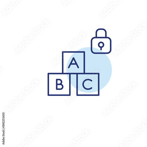 Alphabet cubes and lock. Child safety toys, parental control. Pixel perfect, editable stroke vector icon