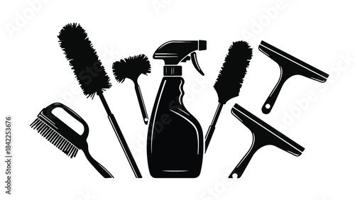 Black silhouette cleaning supplies set including spray bottle brushes scrubbers and squeegees on white background for household chores and cleaning concepts