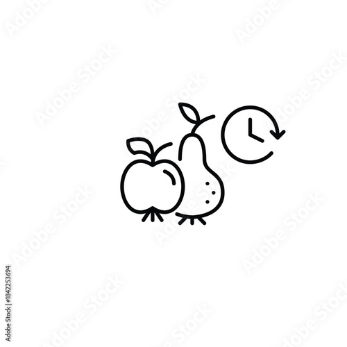 Pear, apple and clock. Fresh groceries, shelf life and farm to table. Pixel perfect, editable stroke vector icon