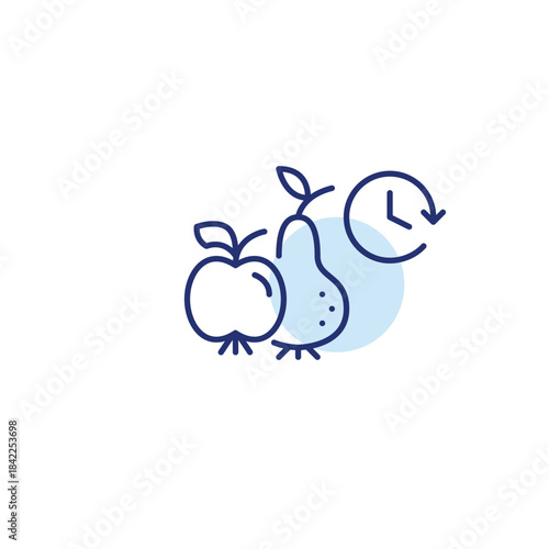 Pear, apple and clock. Fresh groceries, shelf life and farm to table. Pixel perfect, editable stroke vector icon