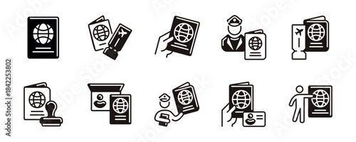 Hold holding passport document icon unique style vector set. International personal identification immigration visa pass, global travel, border security, and more signs illustration