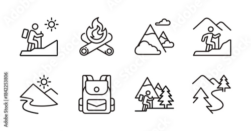 Mountain hiking outdoor exploration icon line set. Nature camping survival wilderness forest adventure, trekking, journey, landscape, backpack, campfire, explore signs vector outline illustration