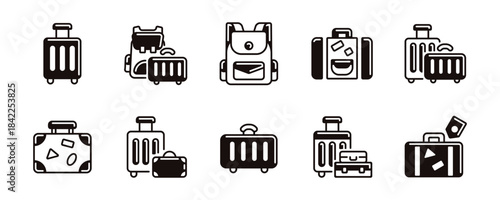 Suitcase bag icon unique style set. Travel packing valise luggage and baggage, journey backpack signs vector illustration