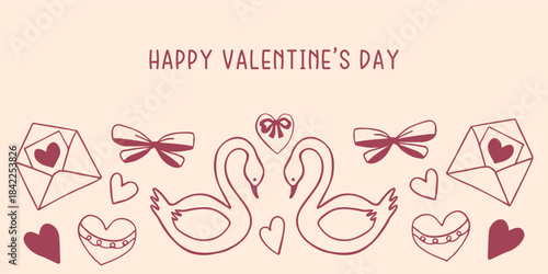 Hand-drawn Valentine's Day banner template or card with swans, hearts, and envelopes symbolizing love.