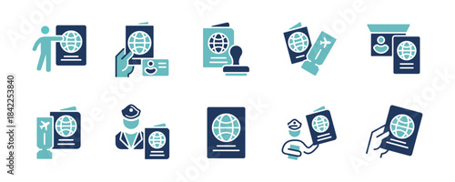 Personal international identification passport document icon set. Global travel hand holding visa book immigration legal citizenship security pass signs two colors style vector illustration