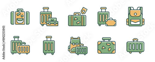 Set of travel bag packing suitcase icons. Journey carry weight baggage and luggage trip briefcase symbol vector illustration