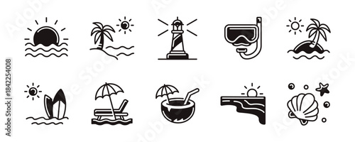 Collection of tropical beach summer vacation icon unique style set. Coastal sunset ocean wave, mediterranean sea, coconut, dive mask, surf, lighthouse, chair and umbrella signs vector illustration