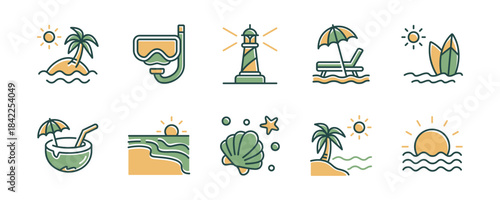 Simple tropical summer beach vacation icon set coastal sea sunset with ocean wave and palm tress, coconut, lighthouse, chair and umbrella, mediterranean beach travel signs vector illustration