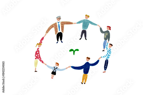 手描きイラスト　双葉の周りを囲み、手をつなぐ人々