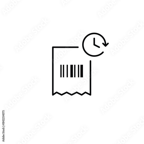 Receipt with barcode and clock. Timed billing, scheduled payments, shopping checkout deadlines. Pixel perfect, editable stroke vector icon