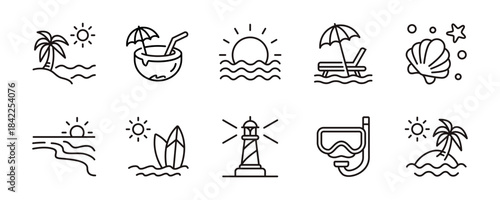Summer tropical beach vacation icon line set. Coastal sunset ocean wave, dive mask, surf board, chair, palm trees, light house, mediterranean sea signs outline vector illustration