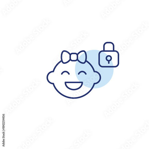 Happy baby girl and lock. Child safety, parental control. Pixel perfect, editable stroke vector icon