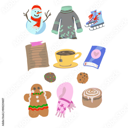 Winter stuff to do: playing snow man, wearing warm sweater, doing ice skating, writing daily plan, drinking hot tea, reading romance novel, baking cookie, wearing shawl, baking cinnamon roll