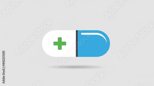 A clean flat vector illustration of a medical pill capsule icon. The capsule features a dual-tone design with one half in solid blue and the other in white, accented by a green medical cross symbol. 