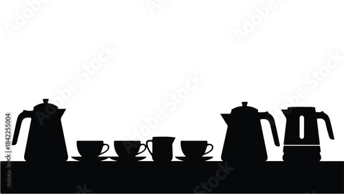 Silhouette of coffee maker, teapot, and cups on table, black and white illustration for kitchen, dining, or beverage concept